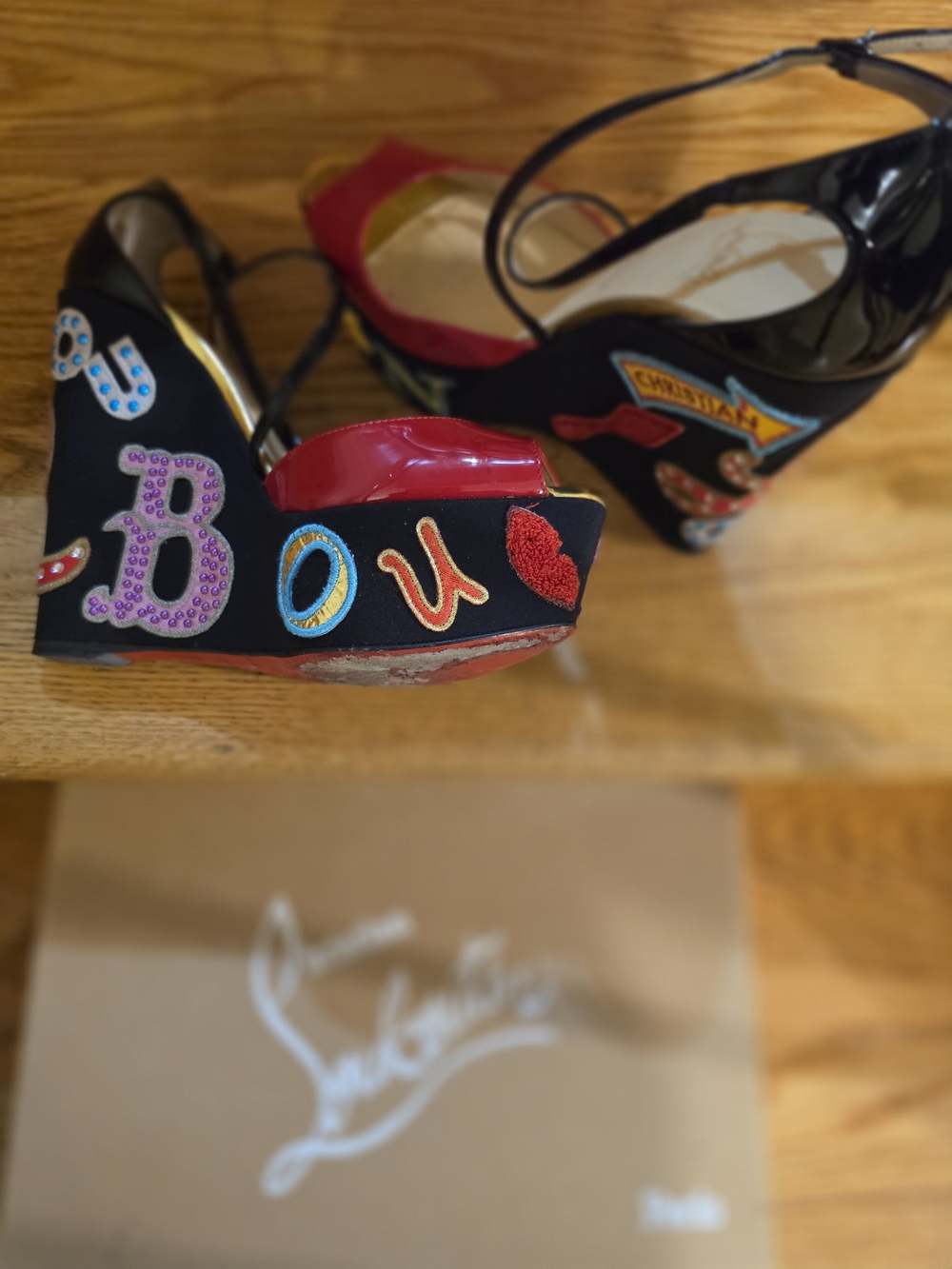 Christian Louboutin Embellished Black Platform Sandals with Red Sole